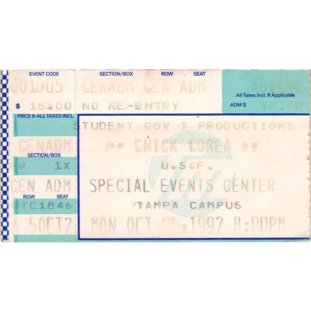 Vintage 1992 Chick Corea Concert Ticket Stub Tampa FL